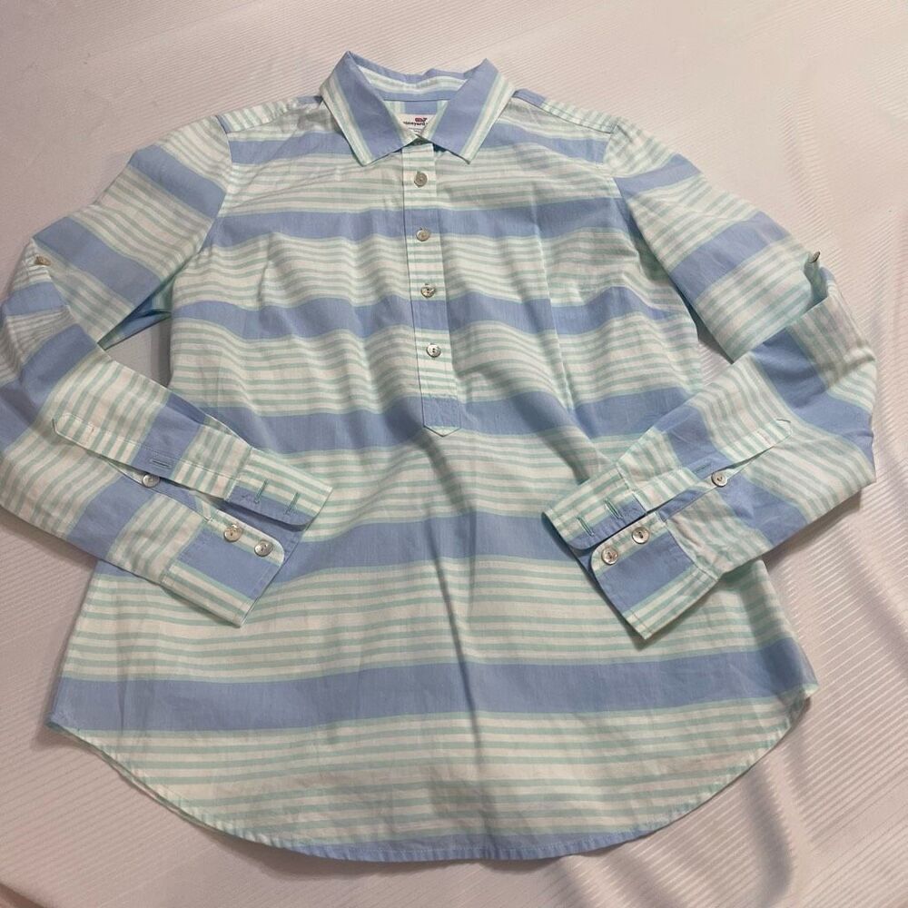Vineyard Vines Aquamarine Cove Stripe Poplin Popover Stripe Shirt Size 4